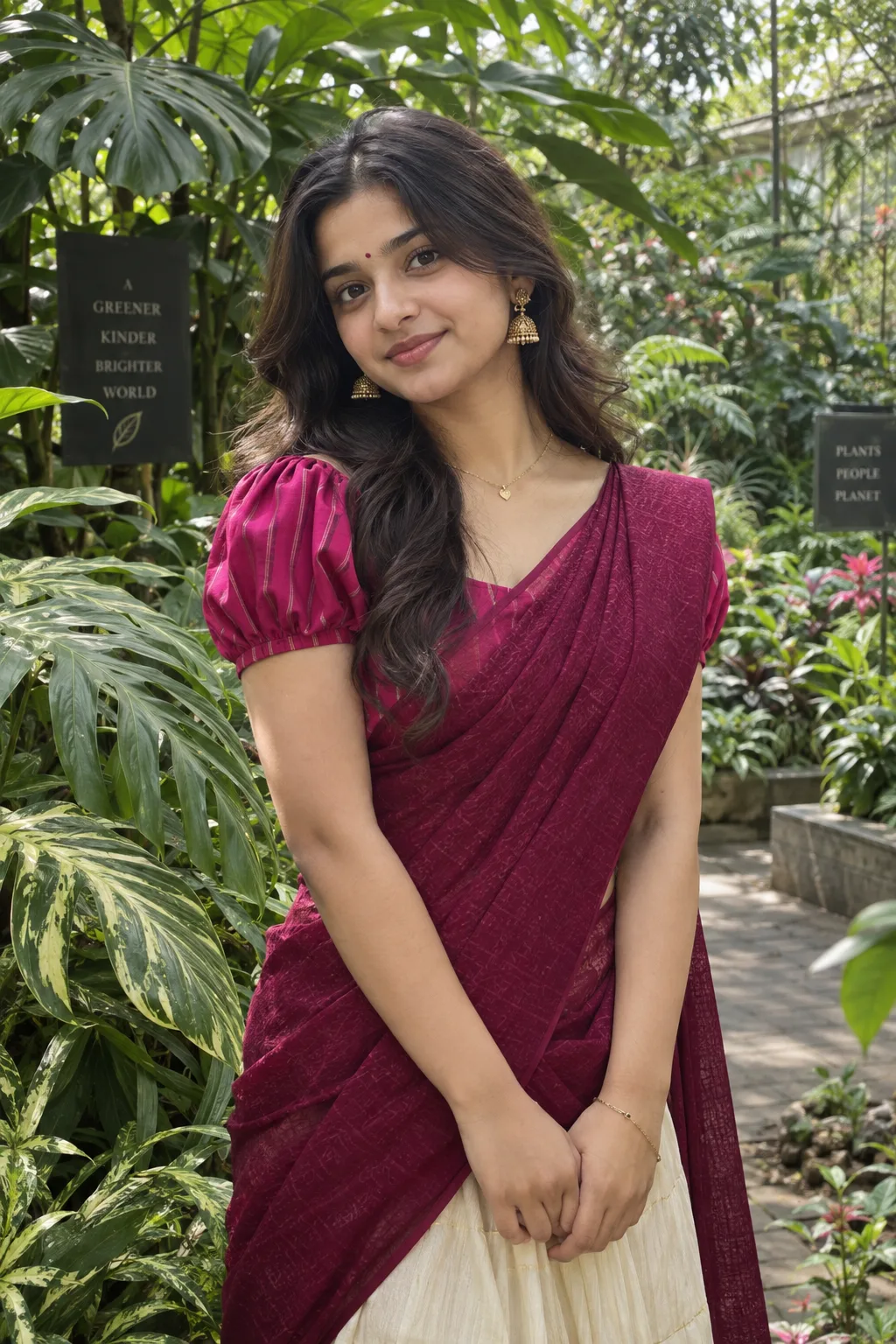 Ultra-photorealistic cinematic portrait of a young South Indian woman standing gracefully inside a lush tropical botanical garden,