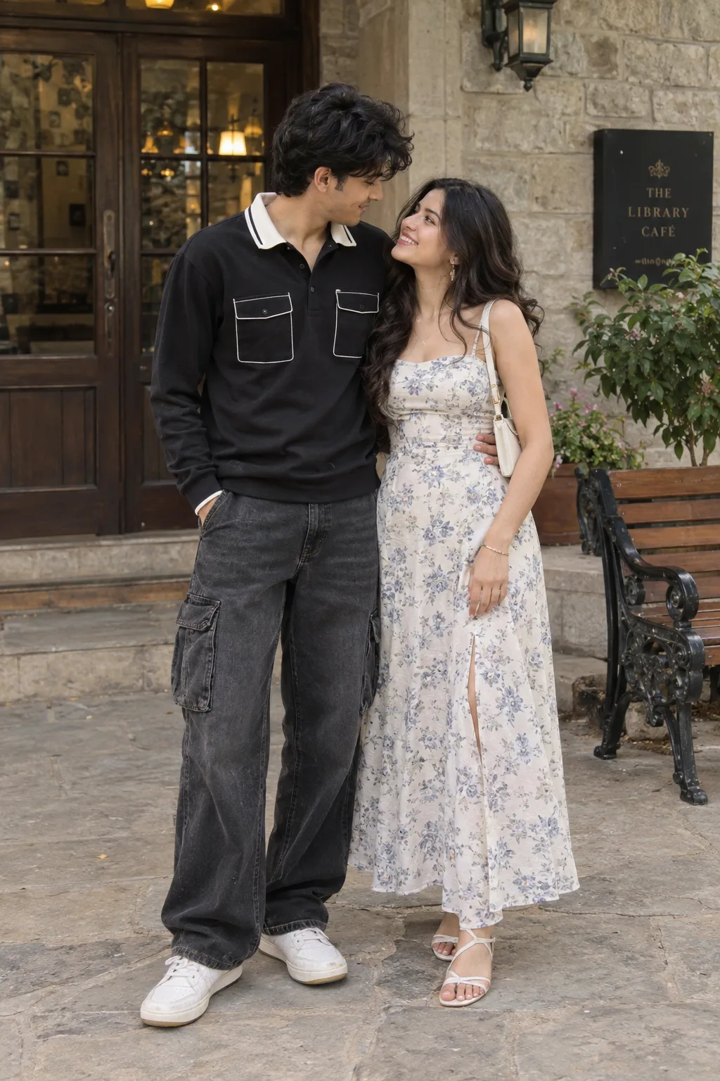 A realistic, full-body photograph of a romantic young Indian couple pos ing closely together outdoors.