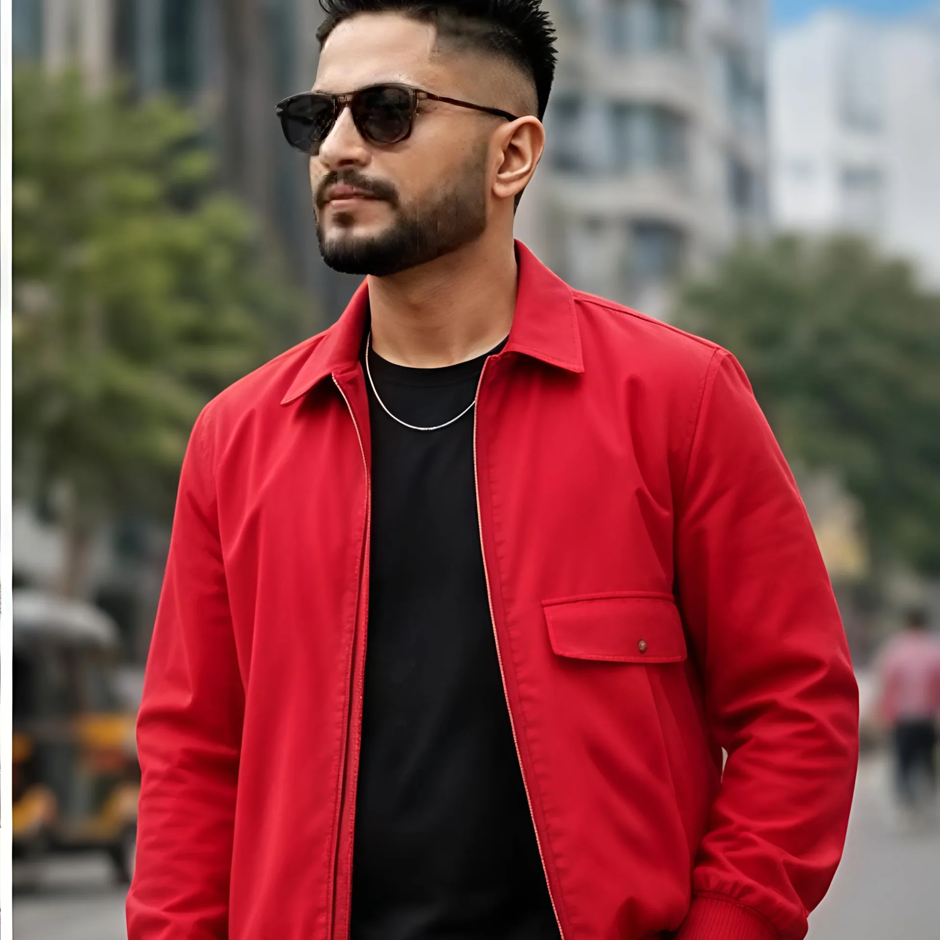 Create a photorealistic cinematic portrait of a confident stylish Punjabi man with a premium royal look, wearing a modern black outfit,