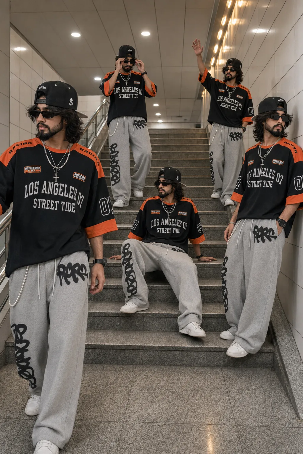 AI Image Generation Prompt: > A photo composite collage of the same young man in five different street-style poses along a modern