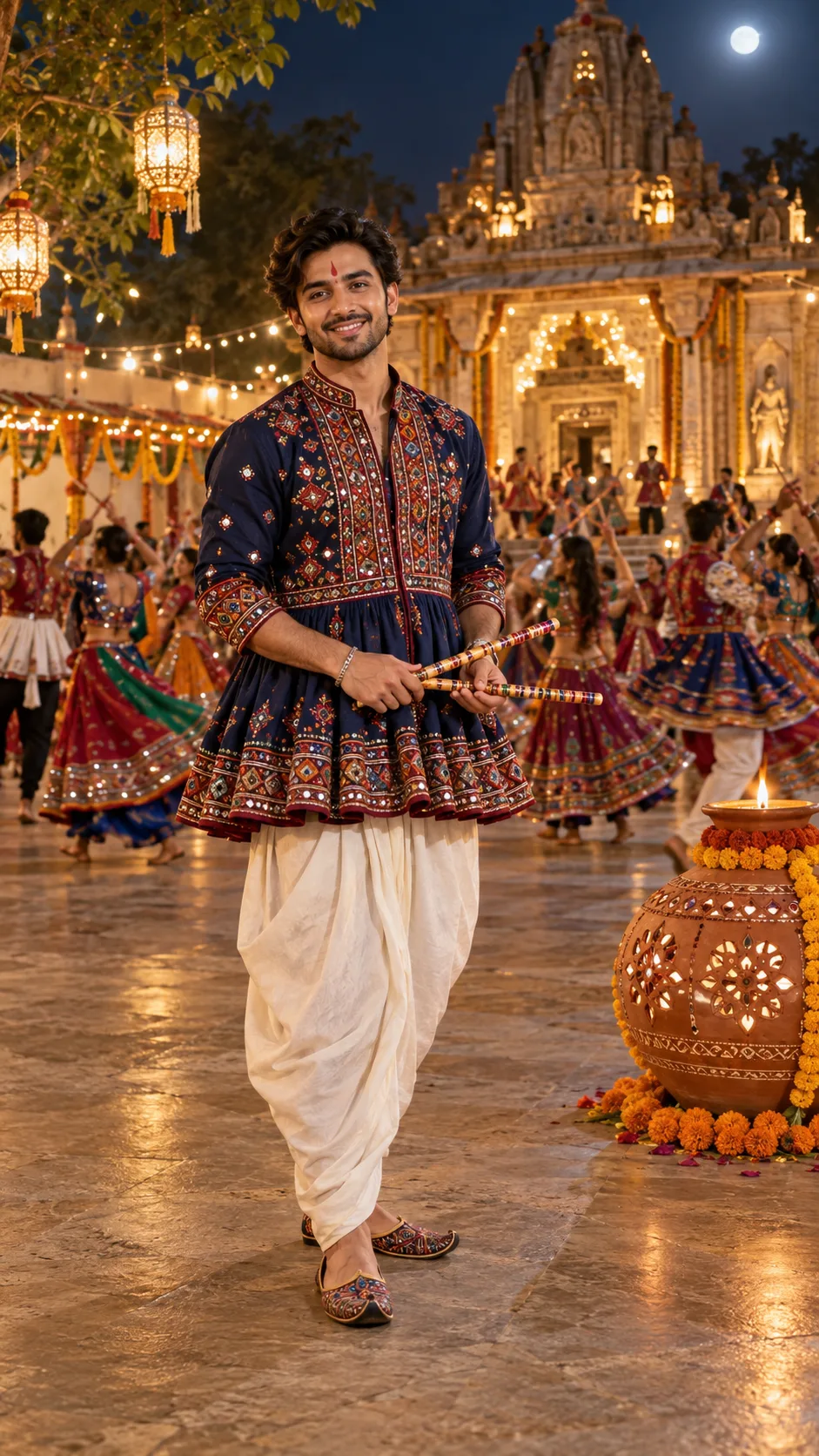 Using my uploaded photo as the identity reference, create an ultra-realistic editorial portrait of me celebrating Navratri at a beautiful