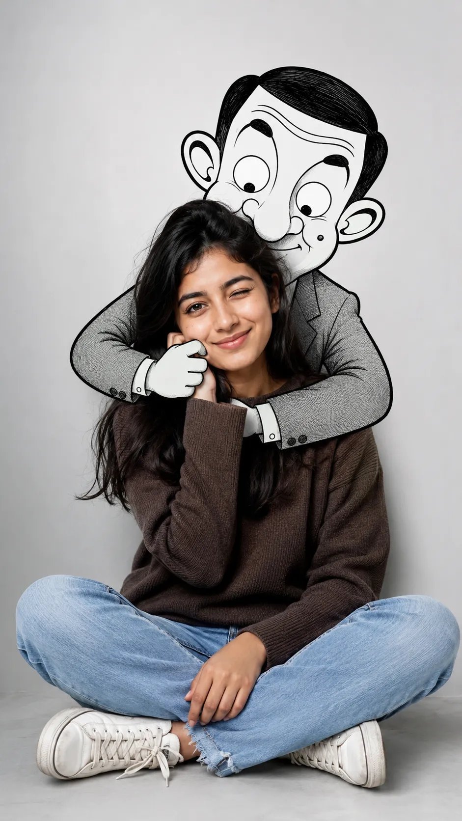 A cute minimalist portrait of the same young woman from the uploaded image, preserving her face, hairstyle, outfit, skin tone, and facial