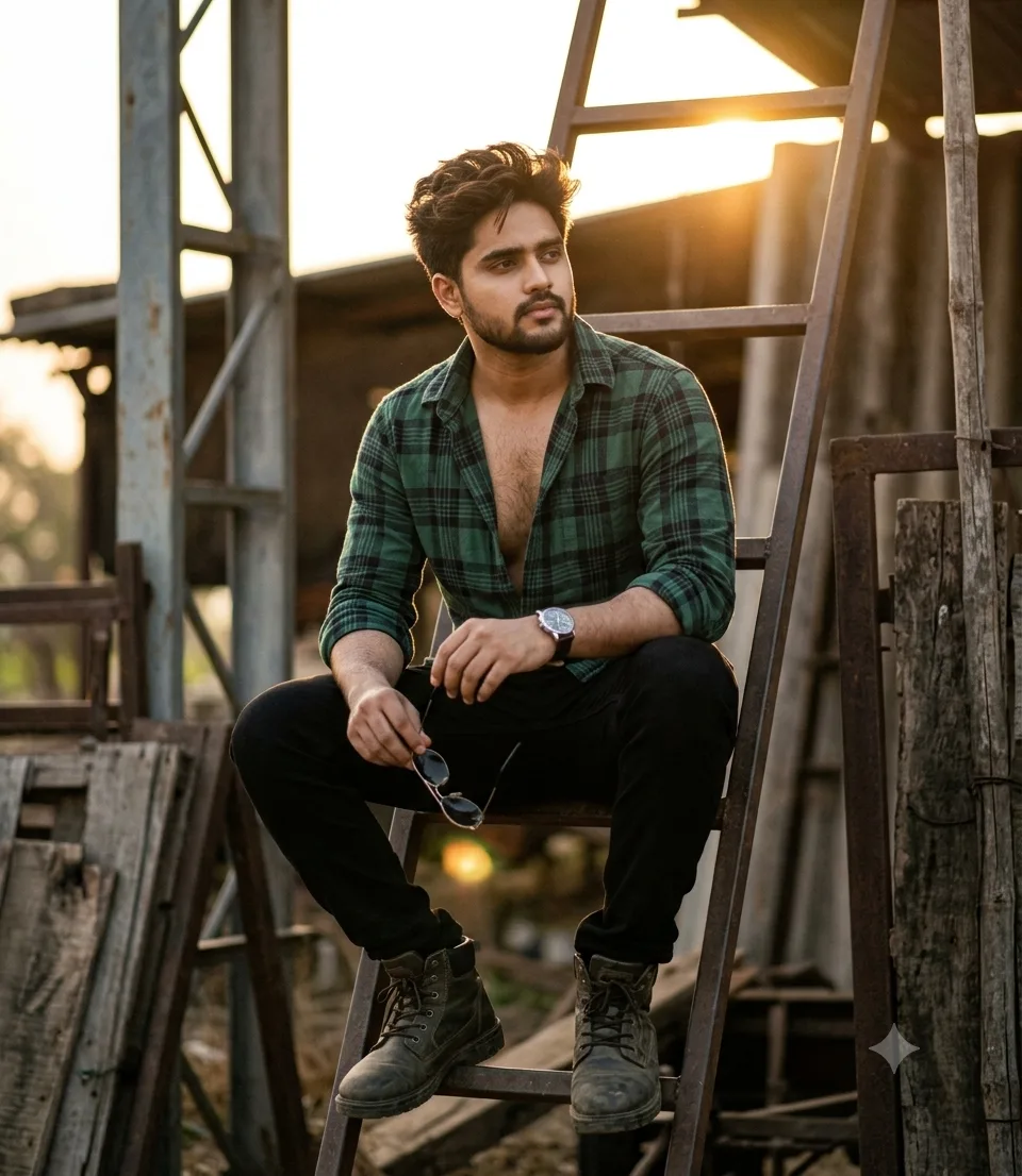 A cinematic outdoor portrait of a handsome young man sitting casually on a metal ladder in an industrial or rural setting.