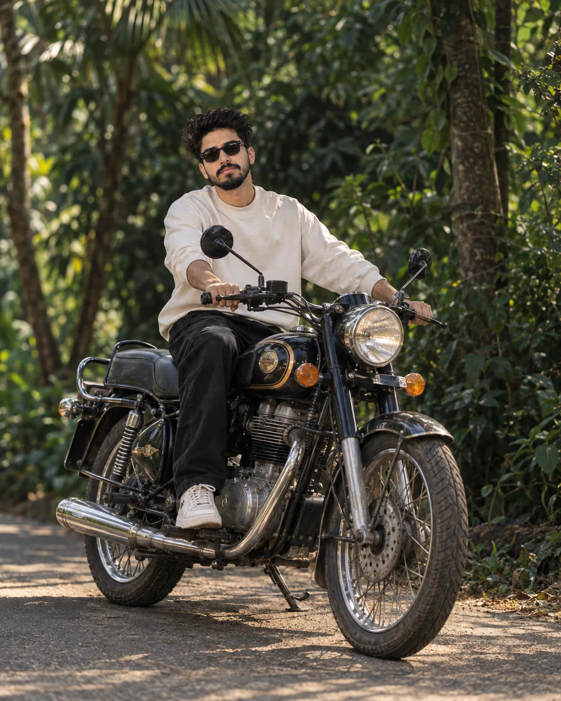 Save The Prompt π Ultra-realistic portrait of a young man sitting on a classic Royal Enfield motorcycle, both hands on the handlebars,
