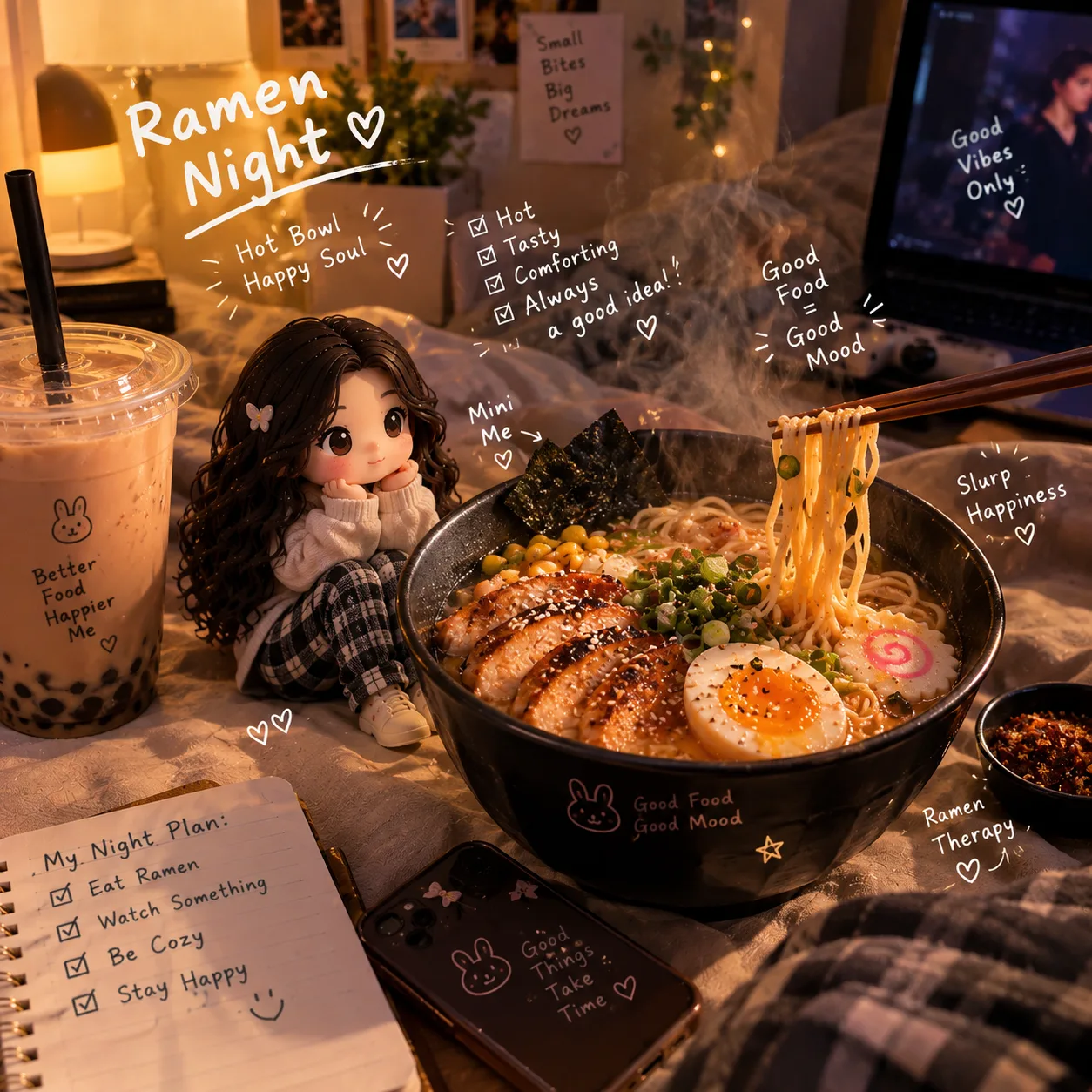 Create a realistic **night-time UGC-style ramen scene** with a cozy cinematic atmosphere.