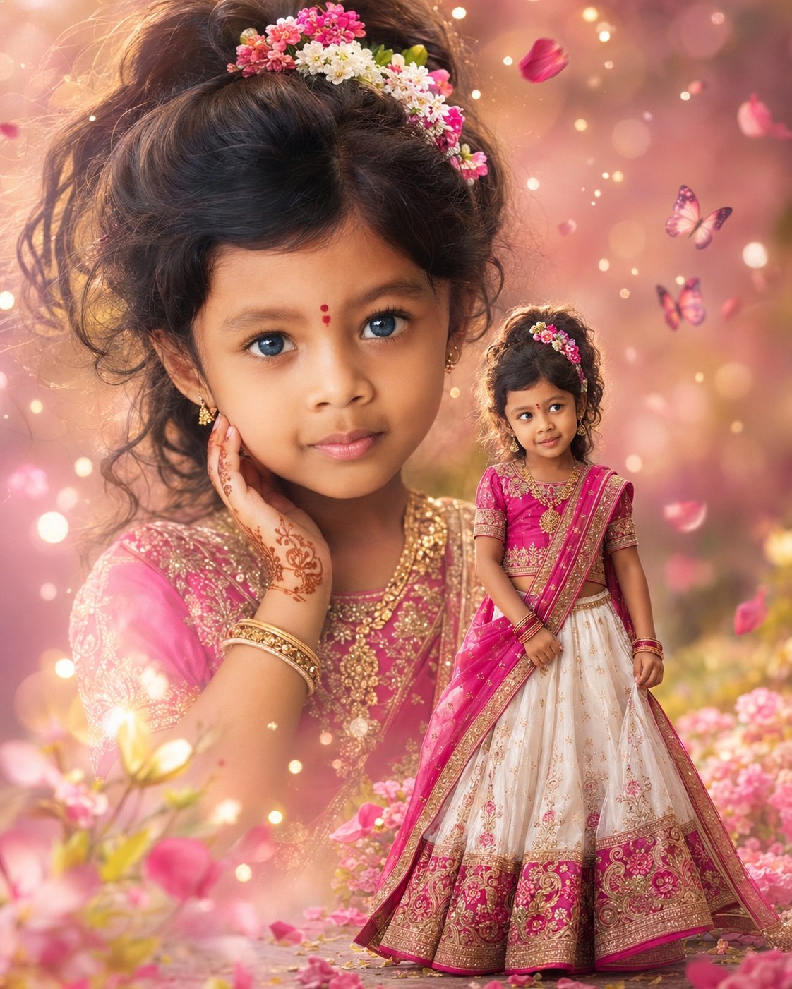 Ultra-premium luxury double exposure portrait collage of an adorable Indian little girl, age 4, with huge sparkling blue eyes, soft curly