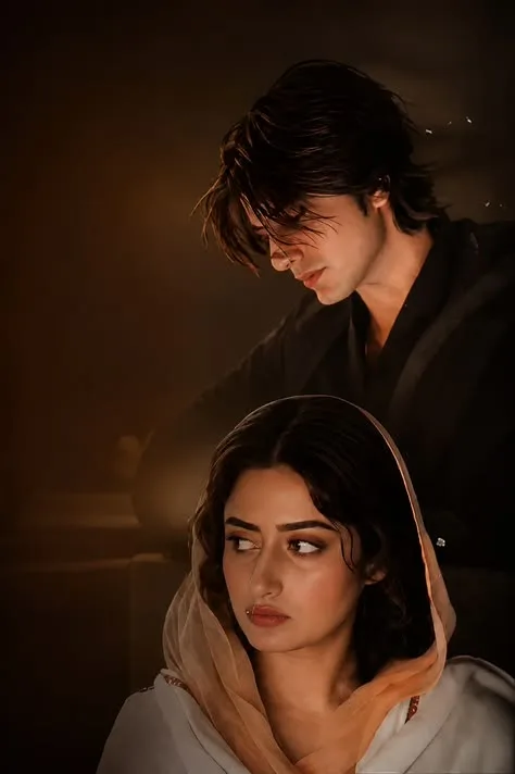 A highly dramatic, cinematic 2:3 portrait of a South Asian couple in a moody, low-light setting.
