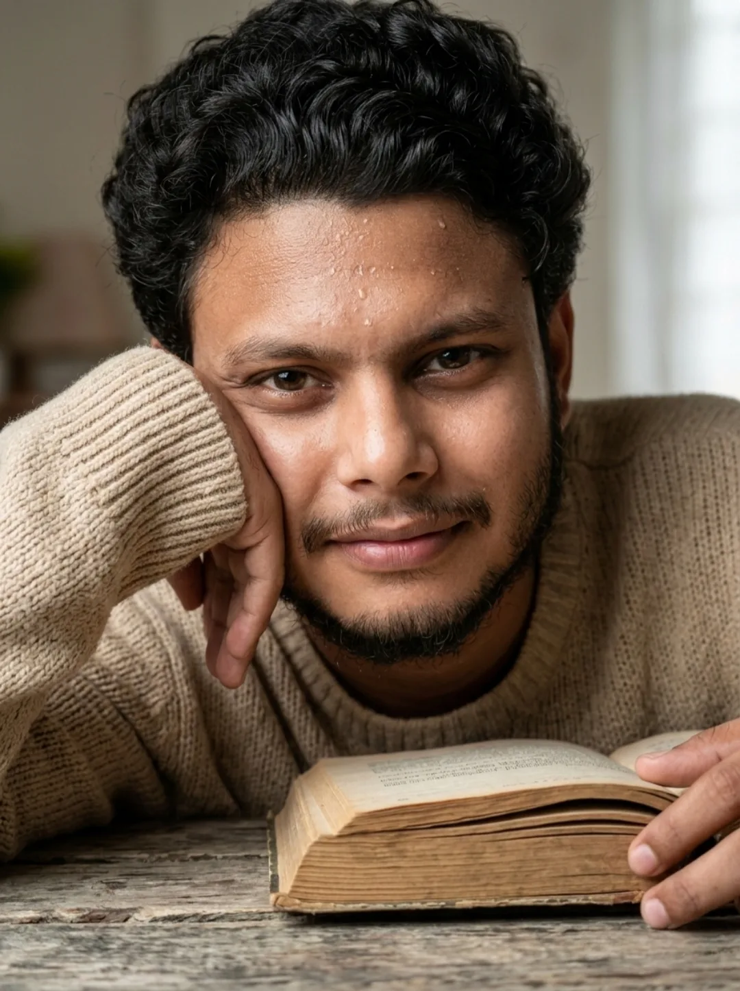 A realistic, close-up portrait of a 26-year-old South Asian man with a height-proportionate, natural build, short black curly hair,