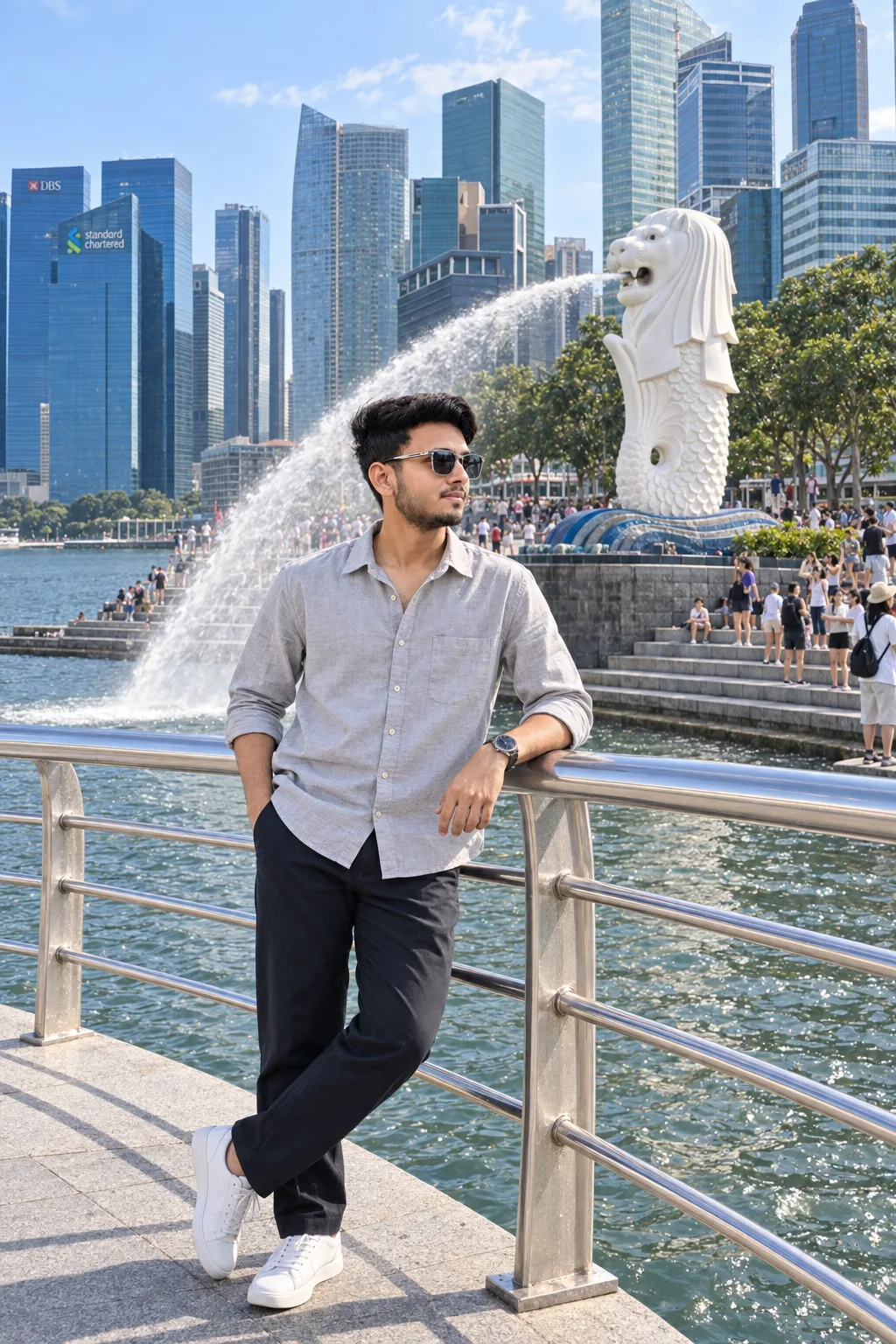 Create a highly realistic, ultra-detailed cinematic travel photograph of a young Indian man casually posing beside the waterfront at
