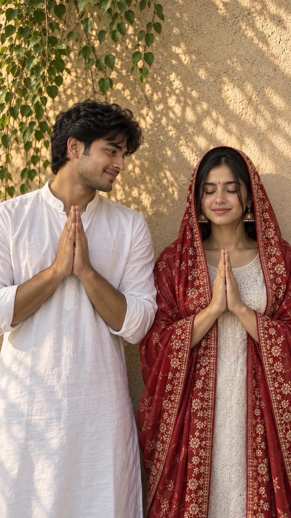 A realistic medium-shot DSLR photograph of an Indian couple in a namaste pose against a textured beige wall with soft dappled sunlight and