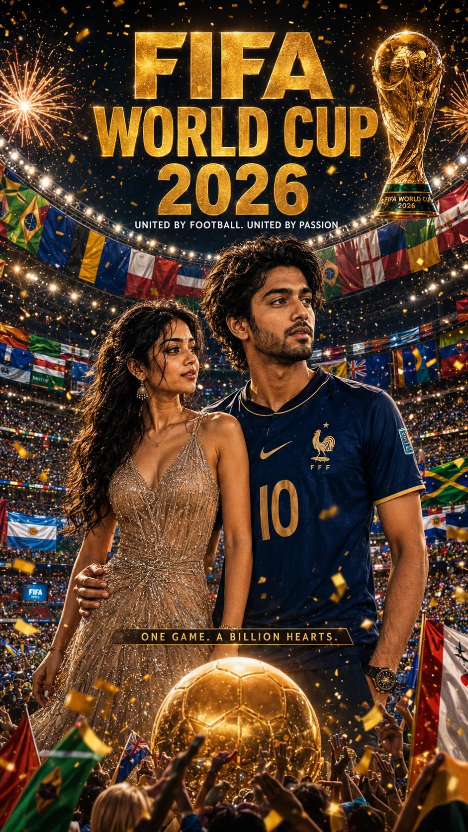 FIFA World Cup 2026 mega celebration poster featuring a stylish couple in the center, glamorous woman in an elegant designer gown, handsome