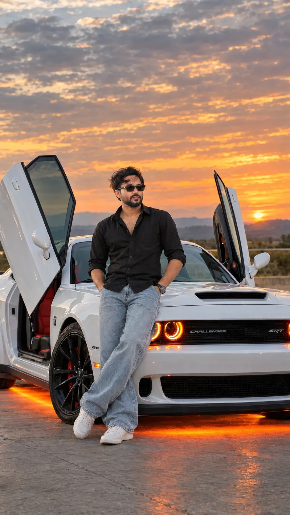 Create an ultra-realistic, high-quality cinematic full-body fashion photograph of a stylish young Indian man standing confidently beside a