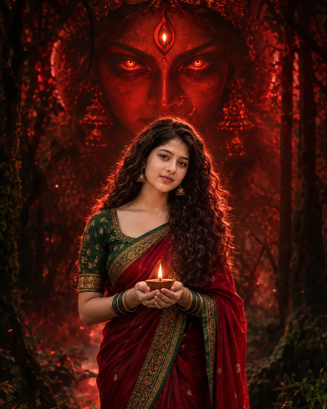 Ultra-realistic cinematic portrait of a beautiful woman with long flowing reddish-brown hair, wearing a deep red traditional saree with
