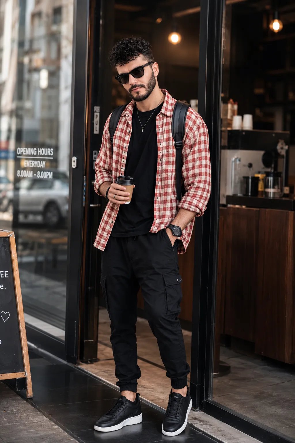 Ultra-realistic cinematic full-body portrait of a stylish young man standing in a modern café doorway, holding a takeaway coffee cup.