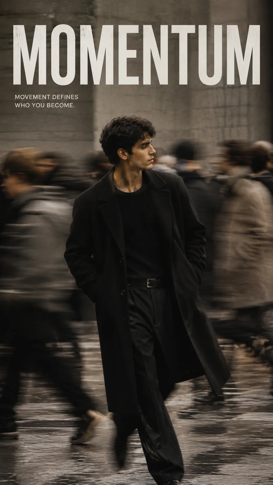 Create a 9:16 vertical fashion editorial poster with realistic slow-shutter photography and elegant minimal typography.
