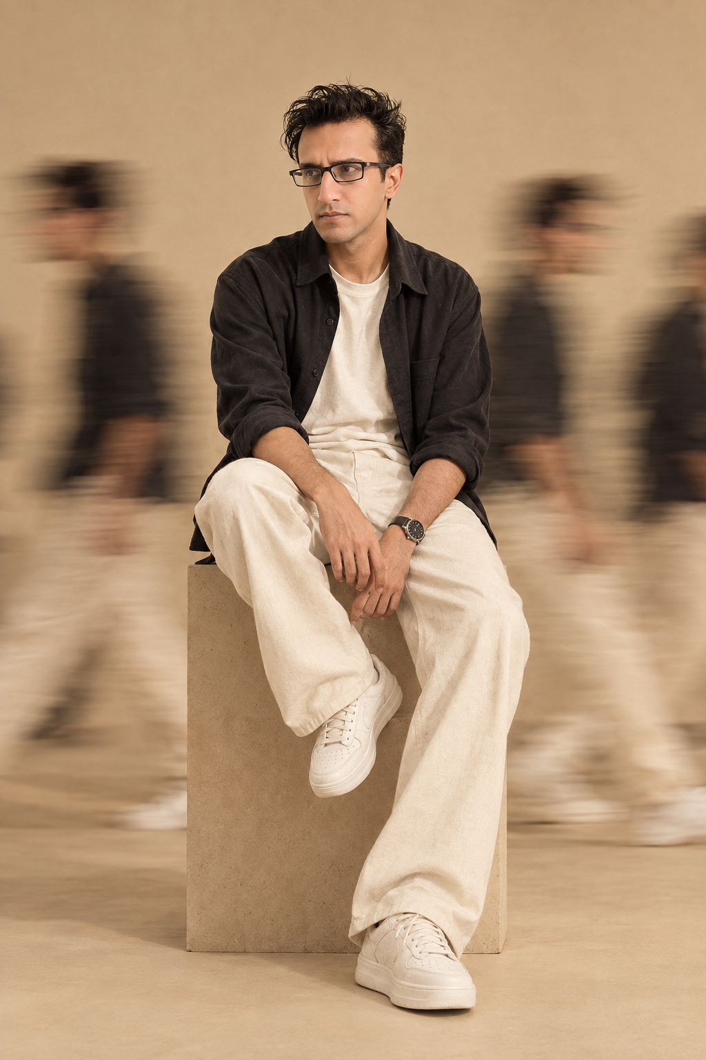 Create an ultra-realistic full-body fashion editorial portrait of a young man sitting casually on a tall rectangular beige concrete