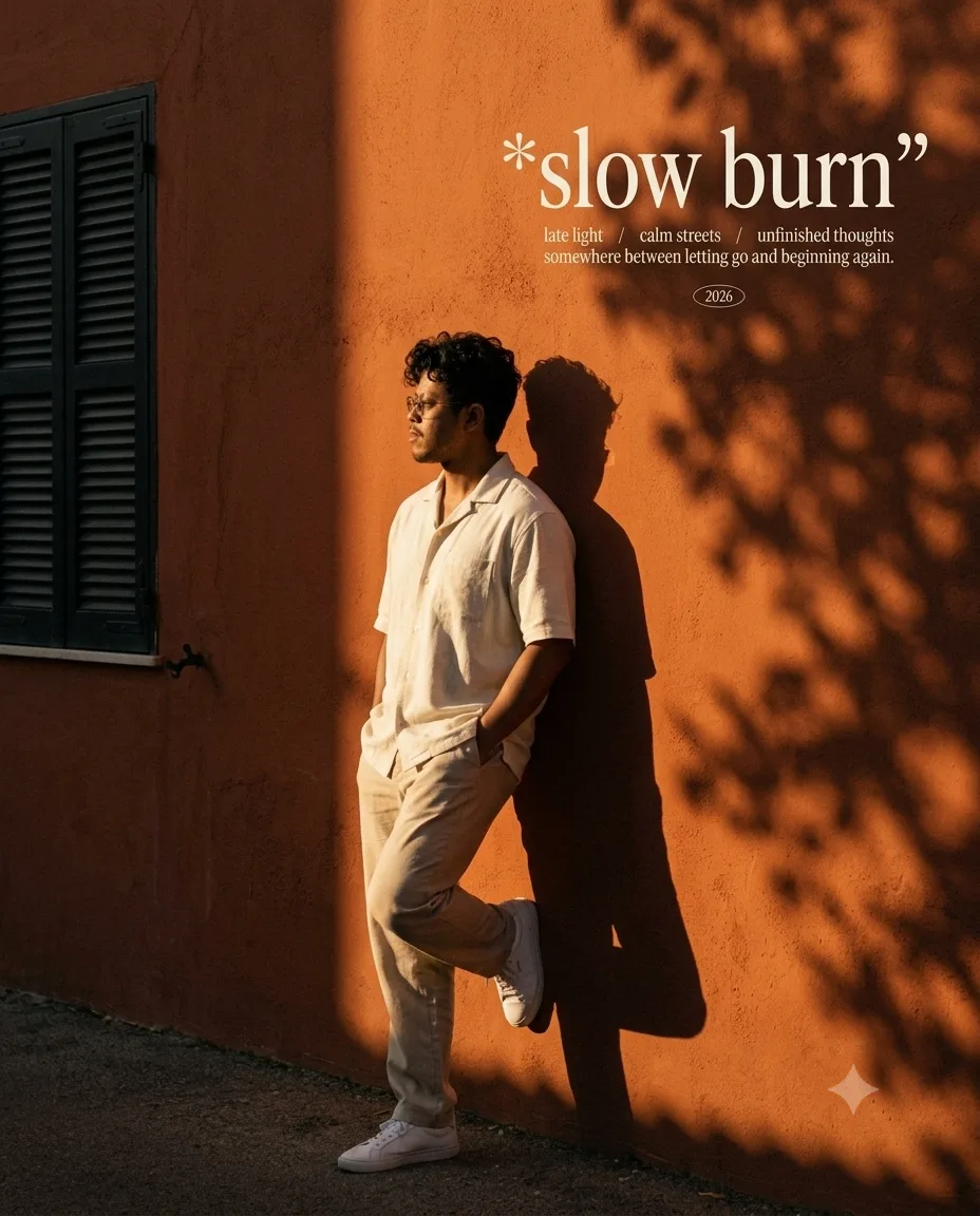 DUrn Cinematic golden-hour fashion editorial of a young man leaning casually against a textured burnt-orange stucco wall, full-body side
