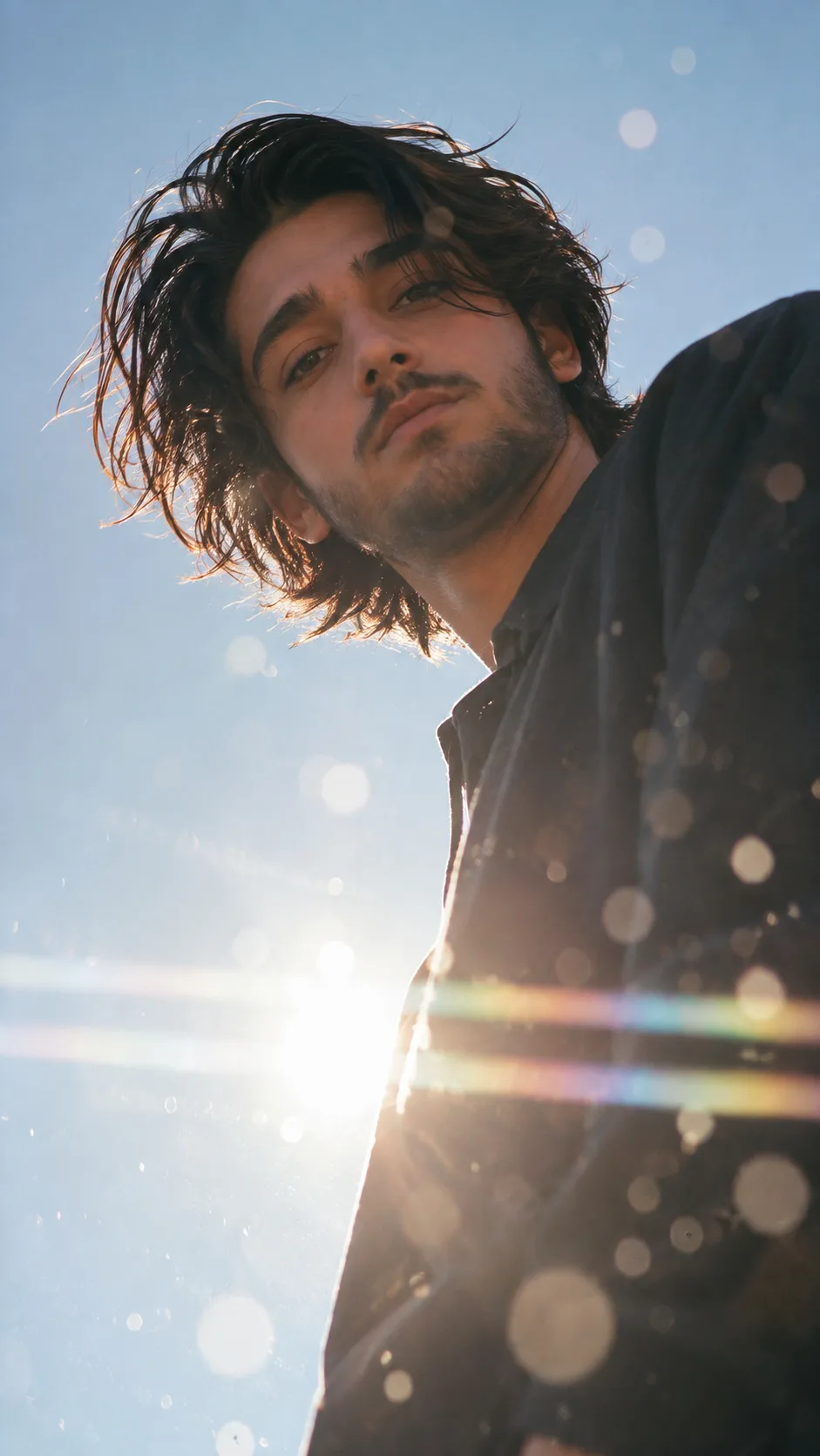Ultra-realistic cinematic editorial photograph of a young man with medium-length messy black hair, looking down toward the camera from a