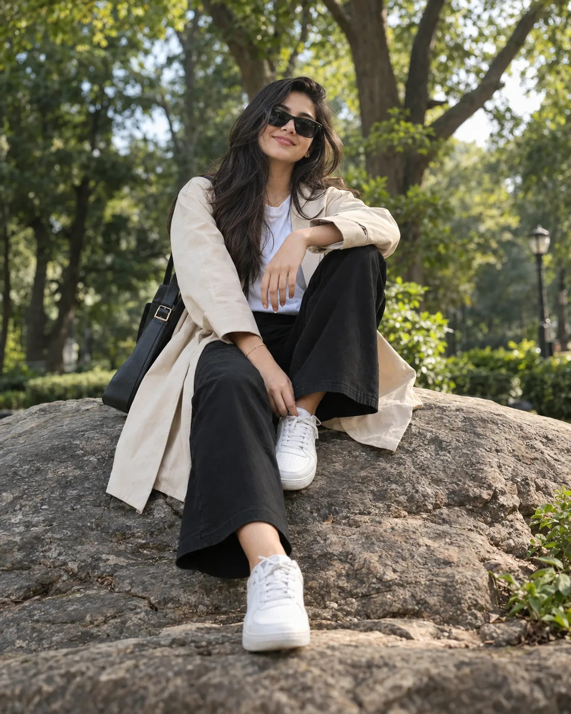 Create an ultra-realistic, high-detail vertical lifestyle photograph (4:5) of a young woman sitting casually on a large natural rock in a