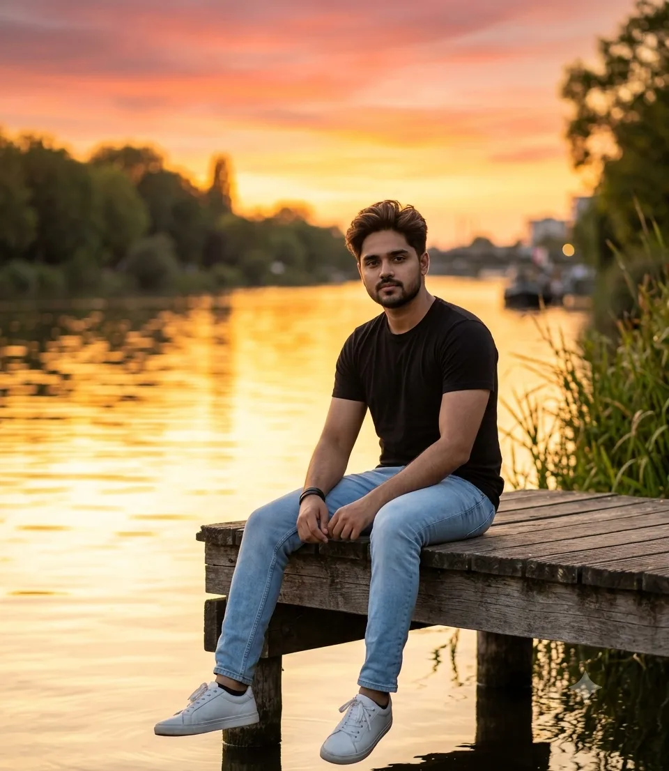 A handsome young South Asian man sitting naturally beside a beautiful riverside during golden hour, full body clearly visible, stylish