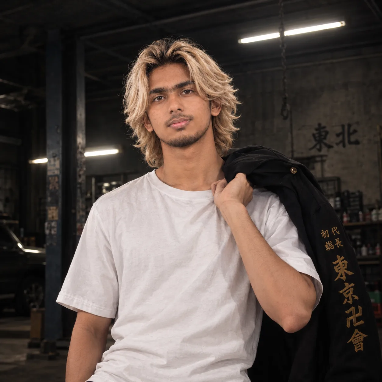 Medium portrait shot of a young South Asian man with voluminous, messy, medium-length bleached blonde hair and slight stubble looking