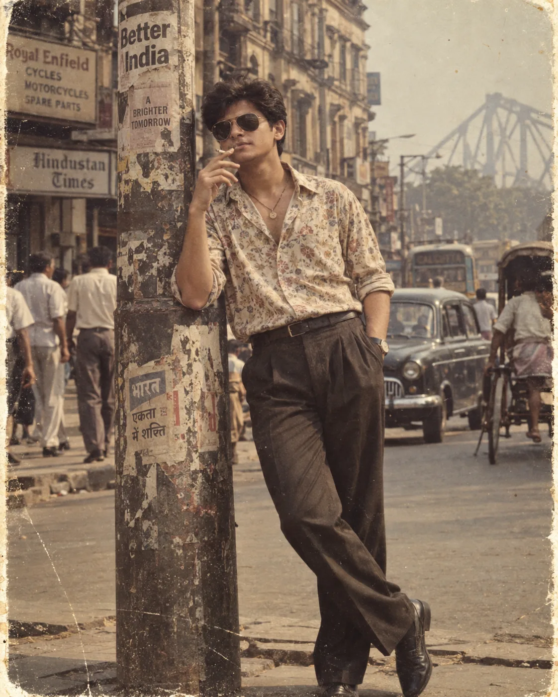 Create a highly realistic vertical 4:5 cinematic vintage 1980s Indian street photograph using TWO image references.