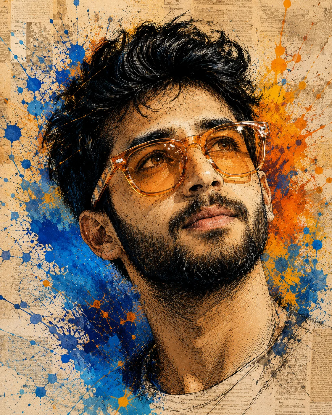 Create an expressive, high-end artistic portrait of a person looking slightly upward and off to one side, capturing a sense of curiosity,