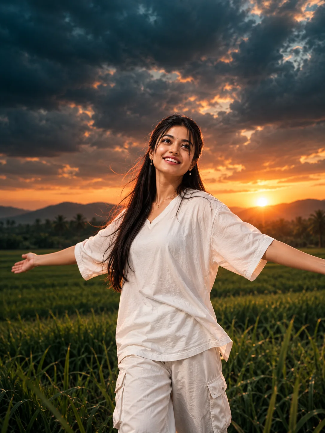 Create a Cinematic slow-motion image of a stylish young Indian girl standing in a lush green field during dramatic sunset, wearing
