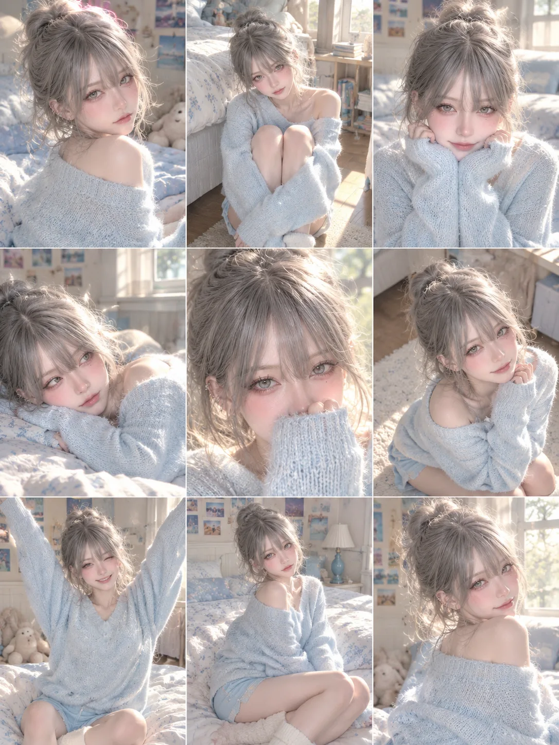 A 3x3 collage of 9 pastel aesthetic portraits of a cute young woman in a beautiful bedroom with natural sunlight streaming through a