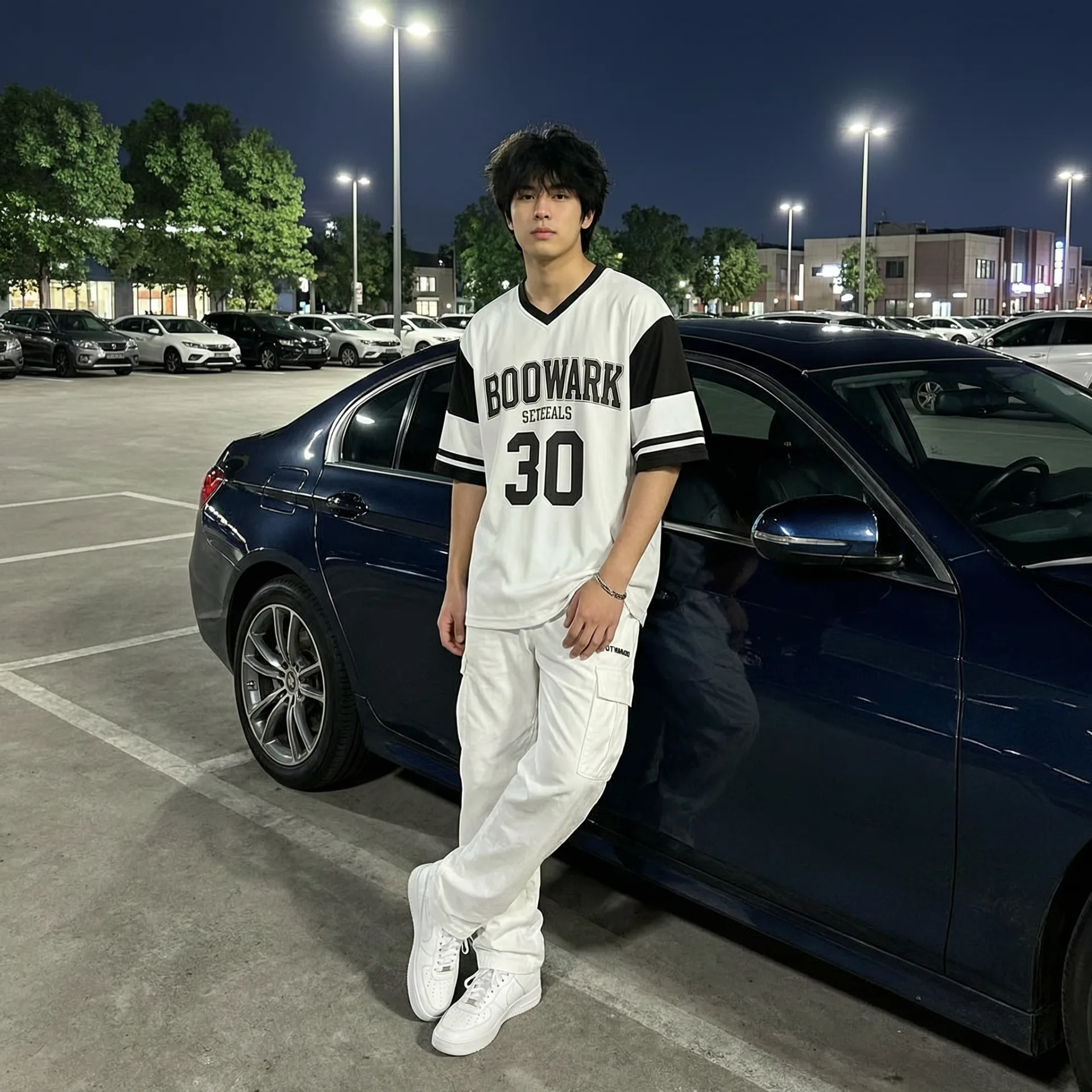 Create an ultra-realistic premium nighttime street-fashion portrait of a young male standing casually beside a dark blue/black car in a