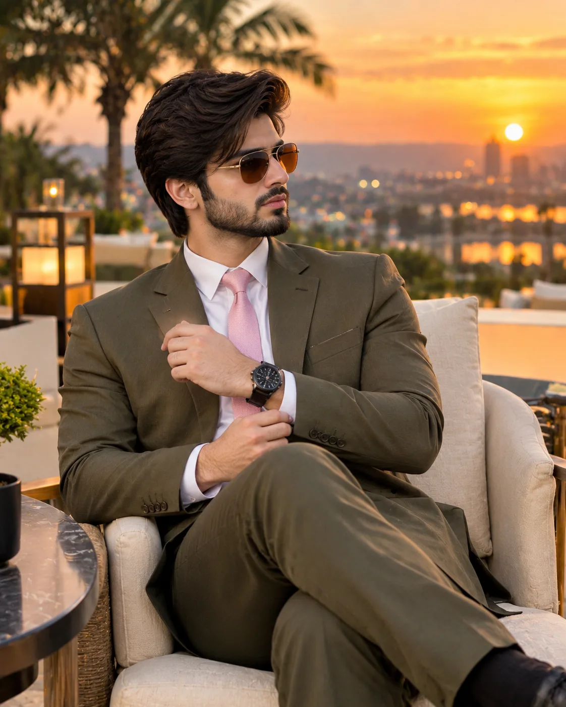 Create an ultra-realistic cinematic luxury lifestyle portrait of a handsome young South Asian man sitting elegantly on a premium