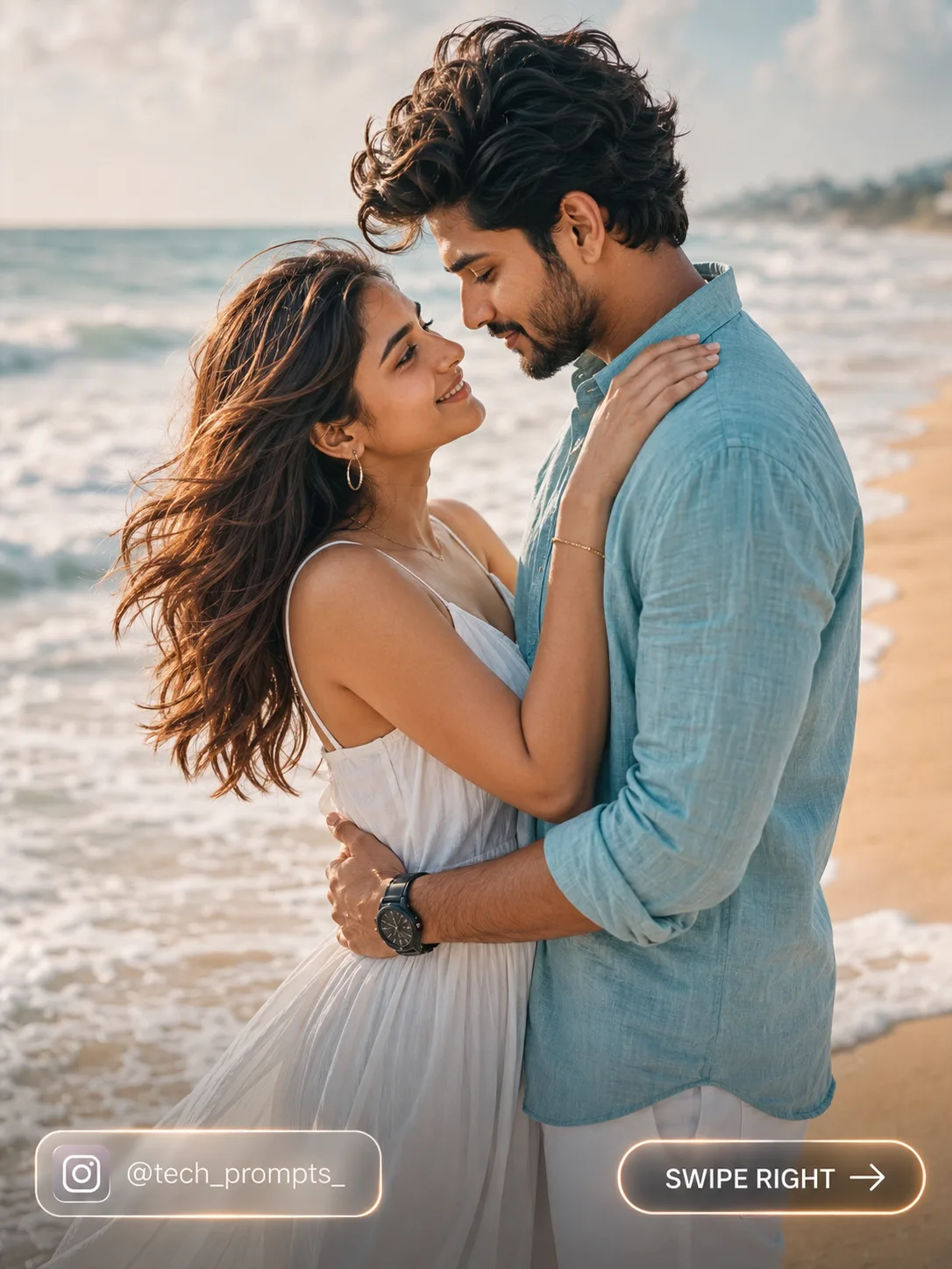 A romantic and candid outdoor couple photoshoot on a scenic beach.