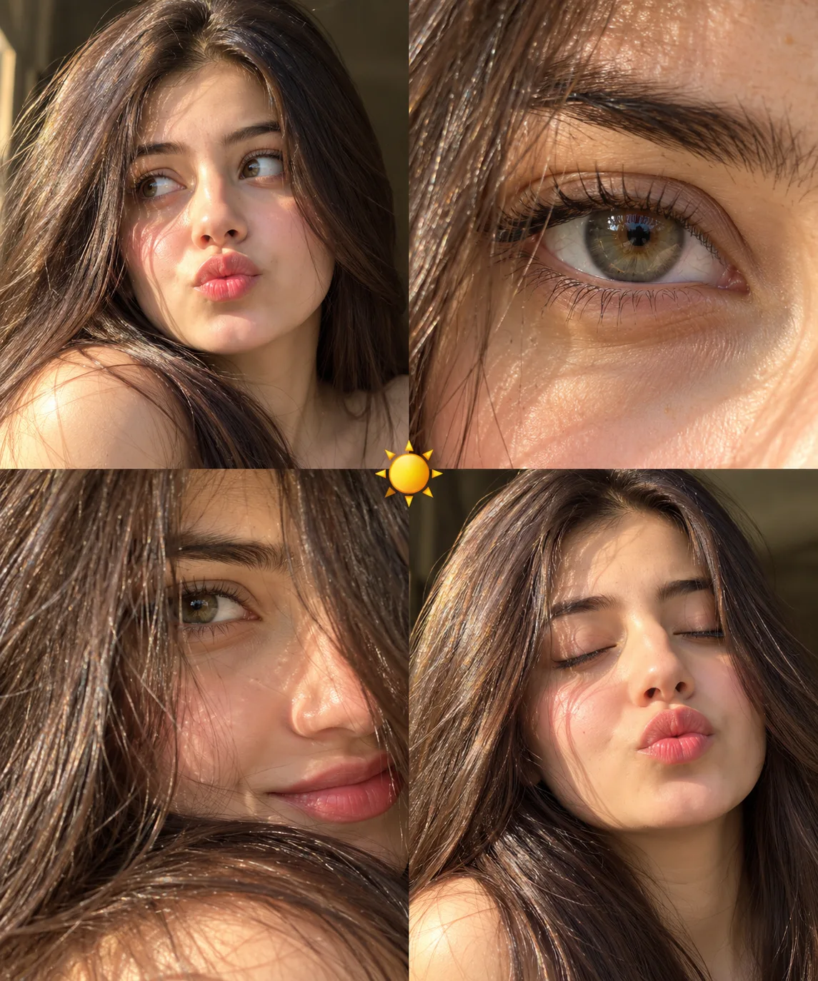 Create a high-resolution, photorealistic 2×2 beauty collage of the same young woman.
