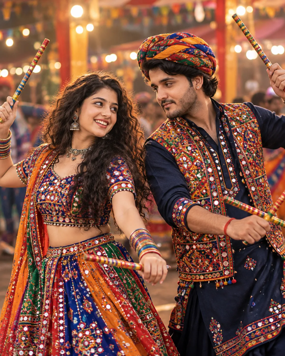 A young South Asian couple in vibrant traditional Gujarati-inspired festive attire, dancing together with colorful decorated dandiya