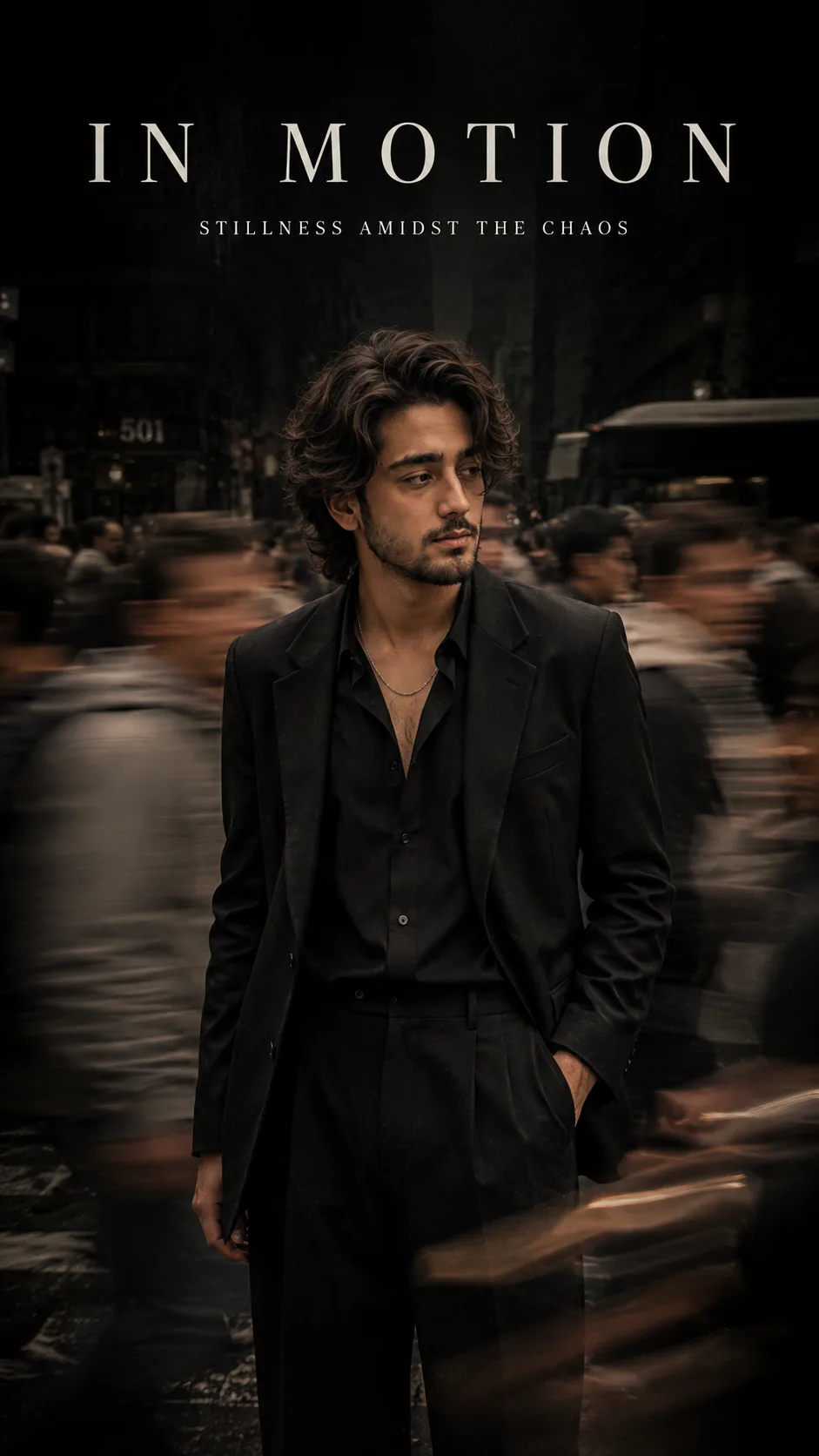 A highly cinematic, photorealistic **vertical fashion editorial poster** featuring a handsome young adult man standing alone in the middle