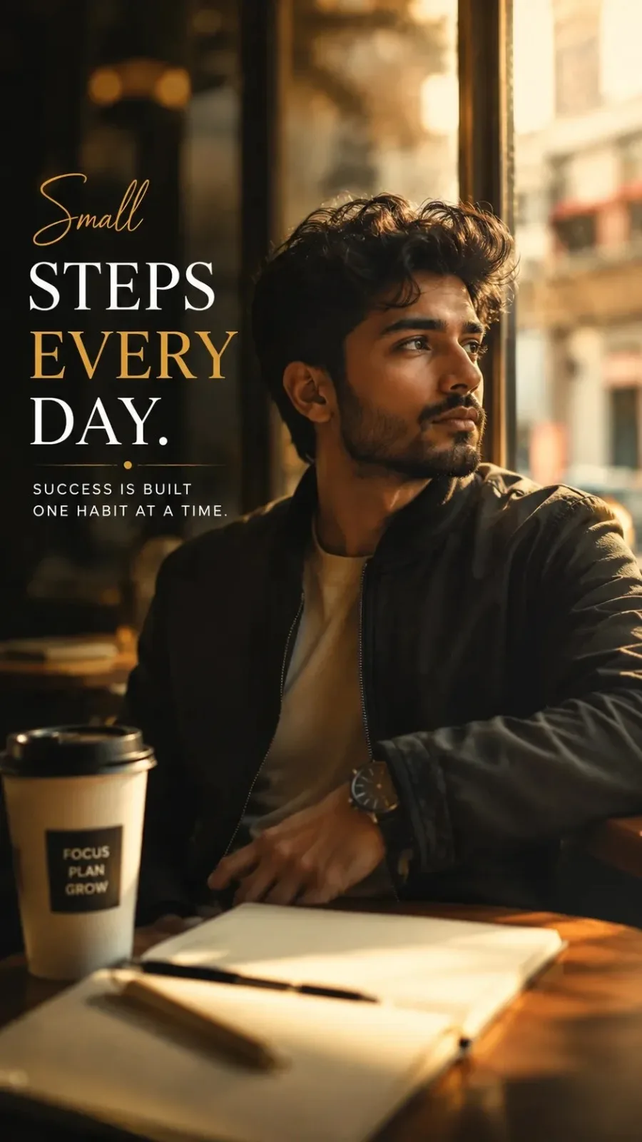 Ultra-realistic portrait of a stylish young man sitting beside a café window, warm morning sunlight, thoughtful expression, blurred city