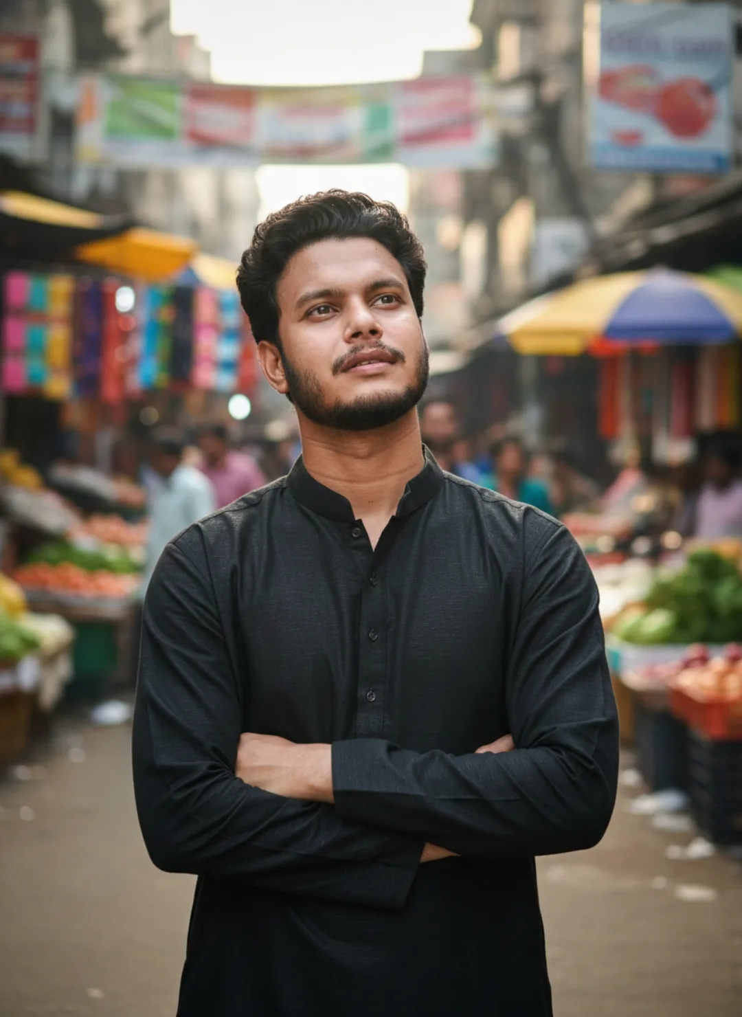 A photorealistic portrait of a young Indian man in his mid-20s standing confidently in the middle of a bustling outdoor street market.