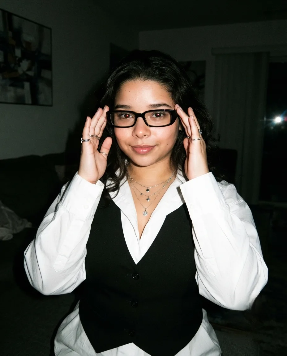 Photorealistic candid portrait of a young girl, matching the reference pose, camera angle and framing.
