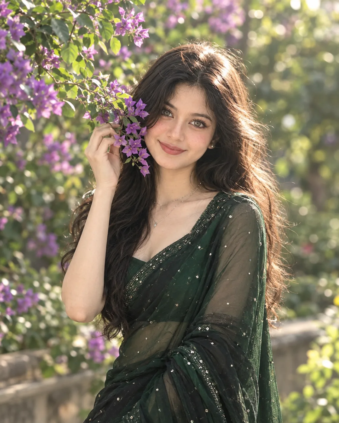 Ultra-realistic portrait of a beautiful young South Asian woman in her early twenties, positioned slightly to the right in a three-quarter