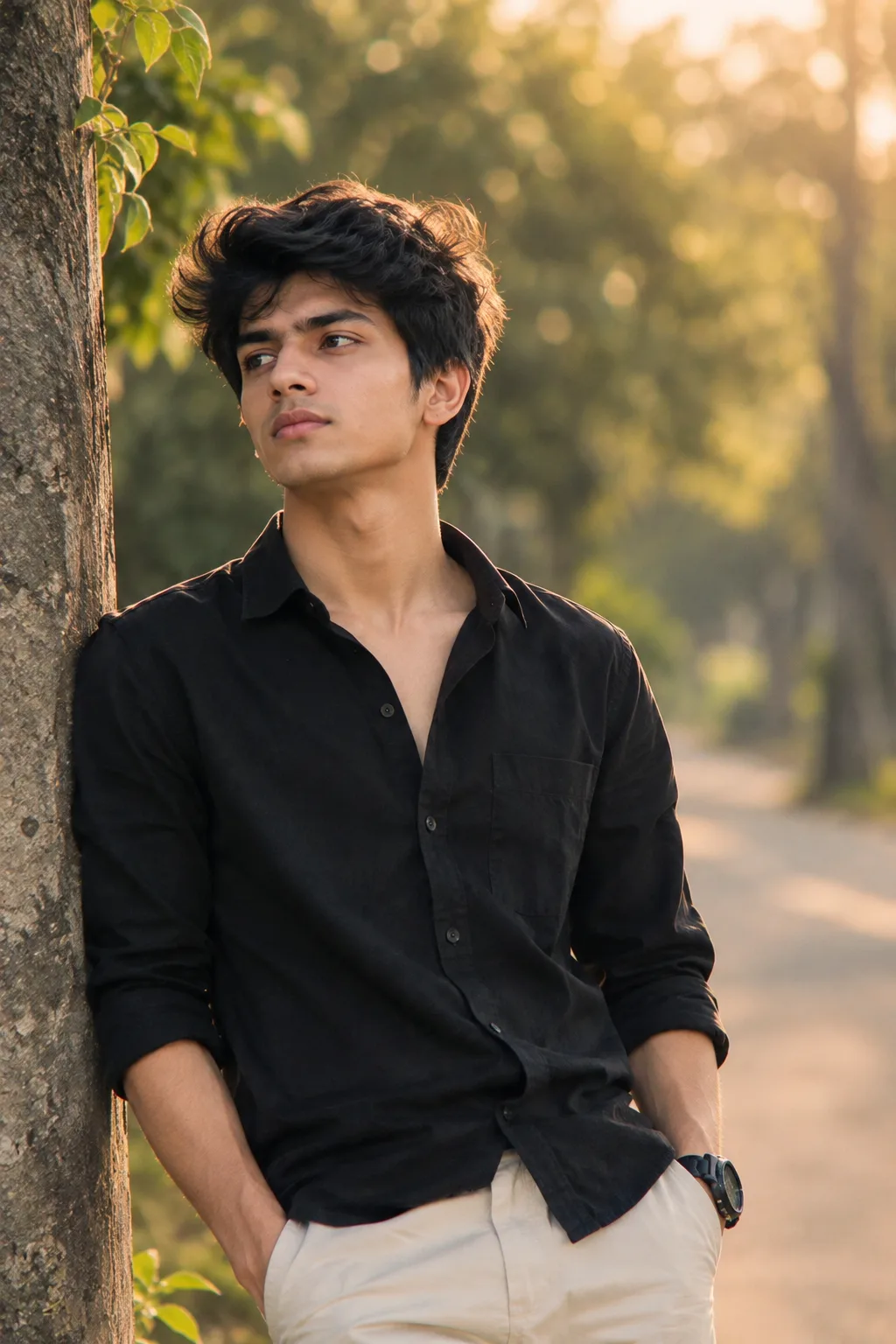 Create a highly realistic cinematic 1980s vintage portrait of a handsome young South Asian man standing casually under a large beautiful