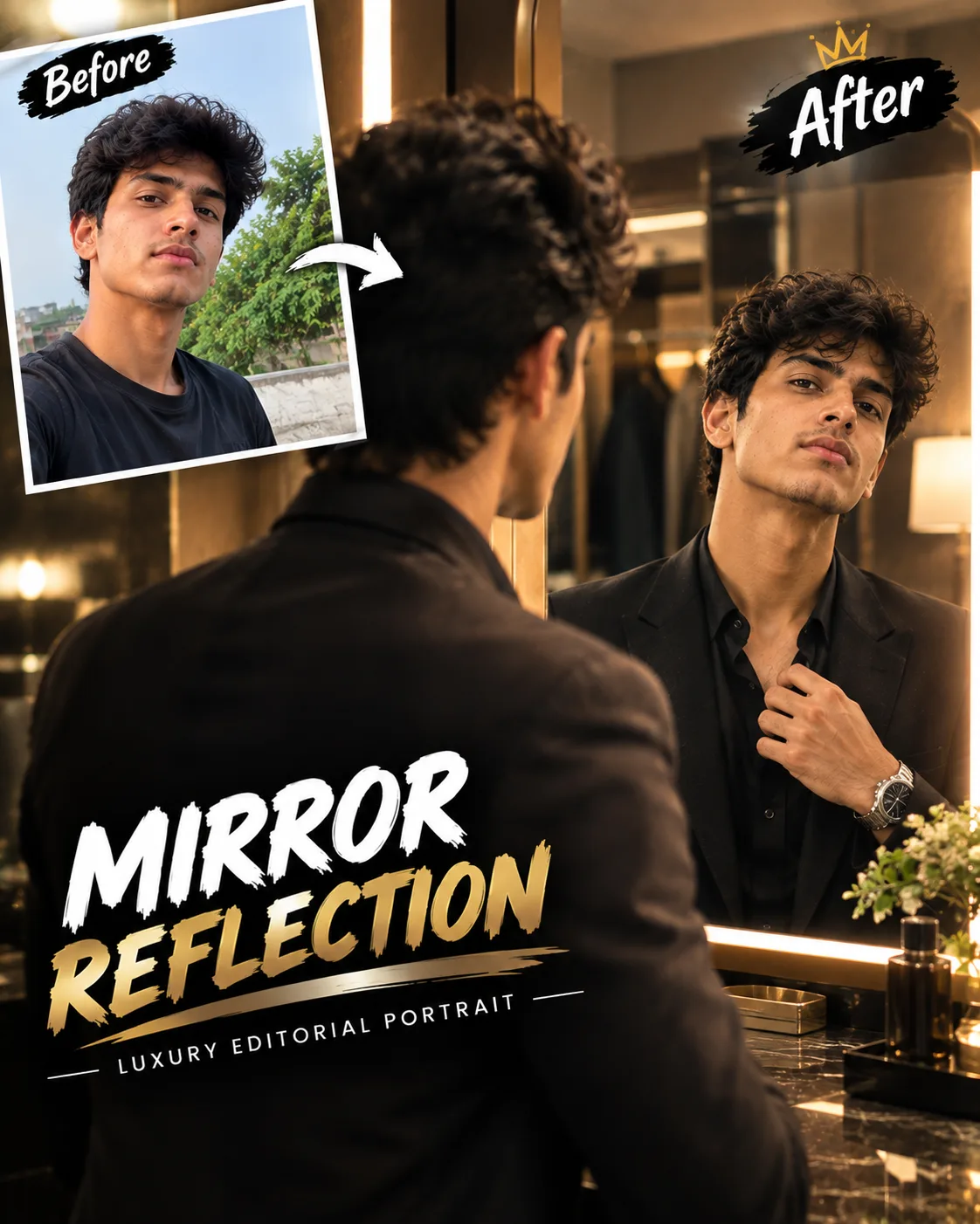 Transform the uploaded photo into a highly realistic luxury mirror-reflection portrait.