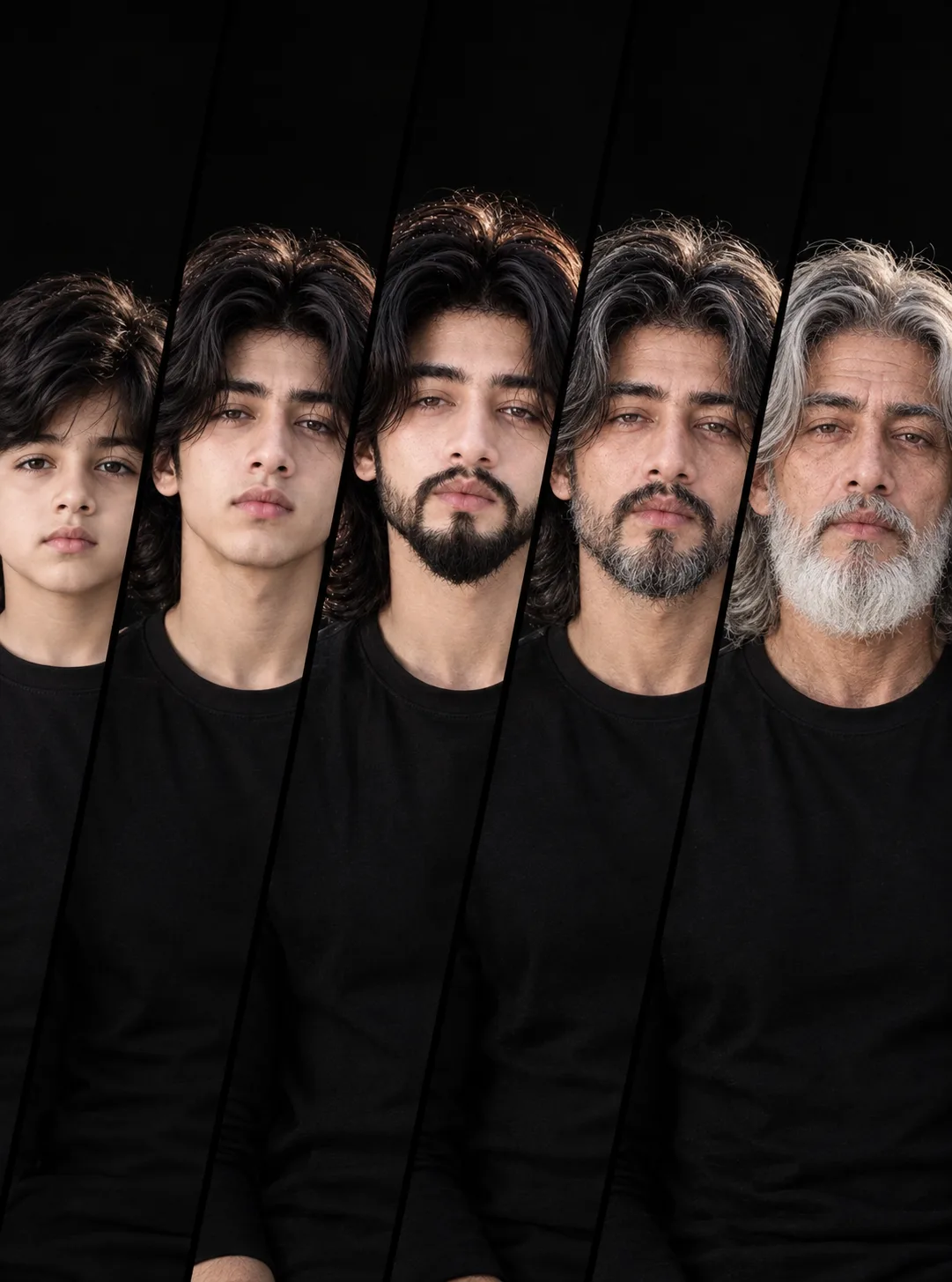 A high-quality studio photograph presented in a multi-panel collage format, separated by five diagonal slices against a solid black