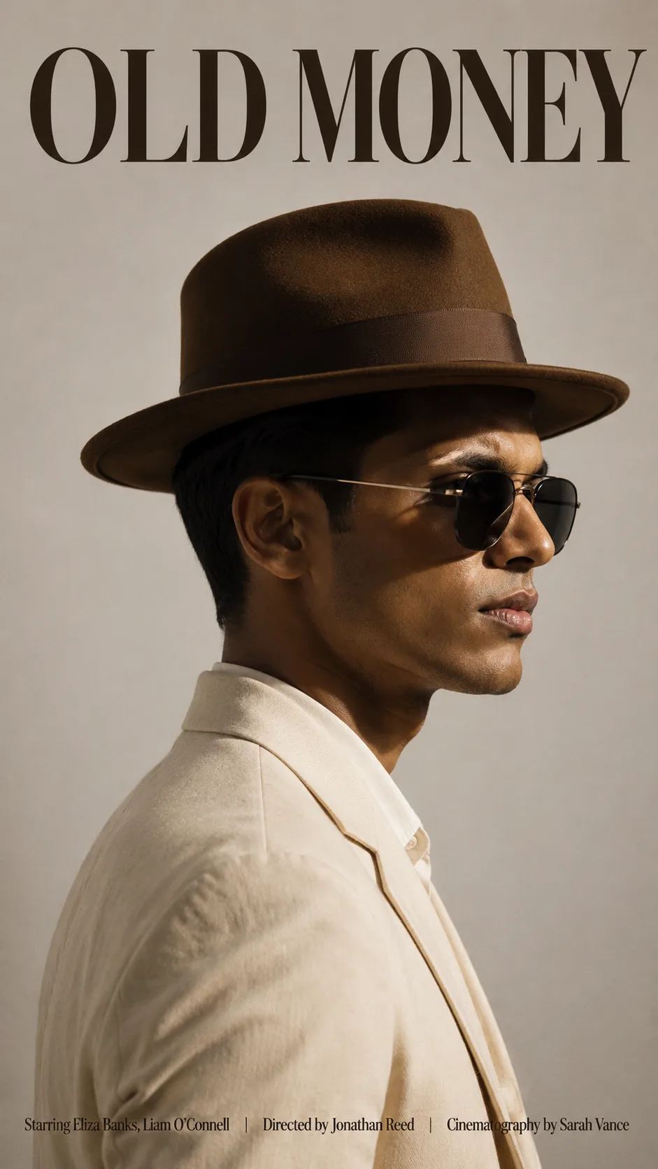 A cinematic magazine-style portrait of a handsome man in side profile, wearing a brown felt fedora hat and a cream-colored suit jacket.