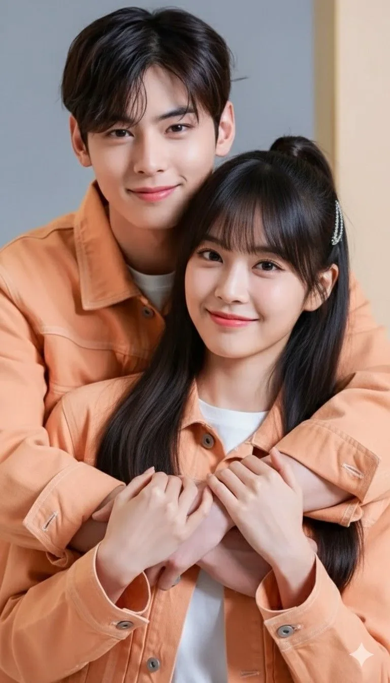 A professional, bright studio portrait photograph capturing a young, handsome East Asian couple posing affectionately in matching casual
