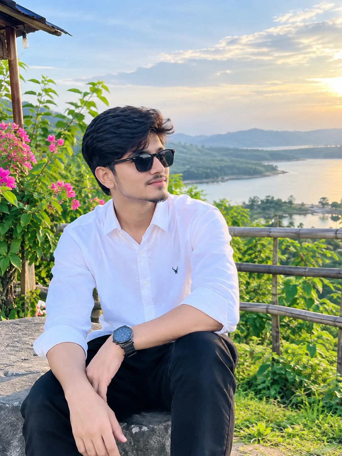 A stylish young South Asian man wearing a crisp white shirt, black trousers, sunglasses, and a classy wristwatch, sitting gracefully in a