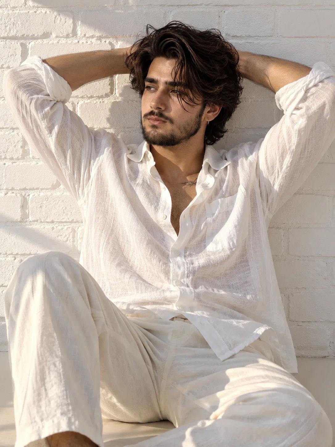 **Ultra-realistic editorial fashion photograph of a handsome young adult man sitting casually against a bright white painted brick wall in