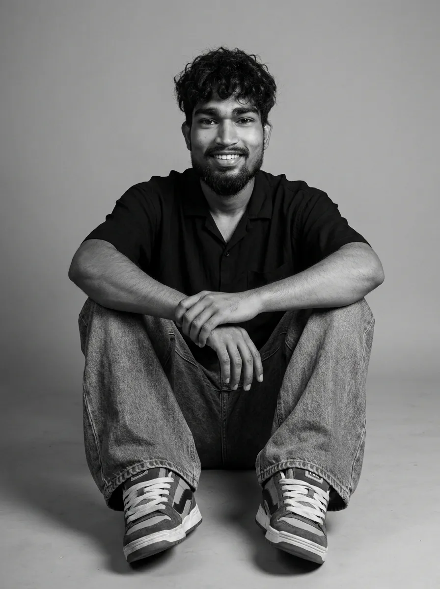 Monochrome Studio Portrait of Smiling Young Man in Baggy Denim