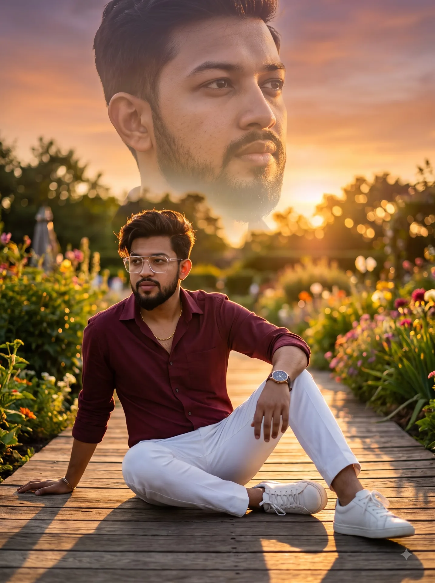 Ultra-realistic vertical 2:3 cinematic portrait of a stylish young Indian man sitting on a rustic wooden garden walkway, maroon shirt,