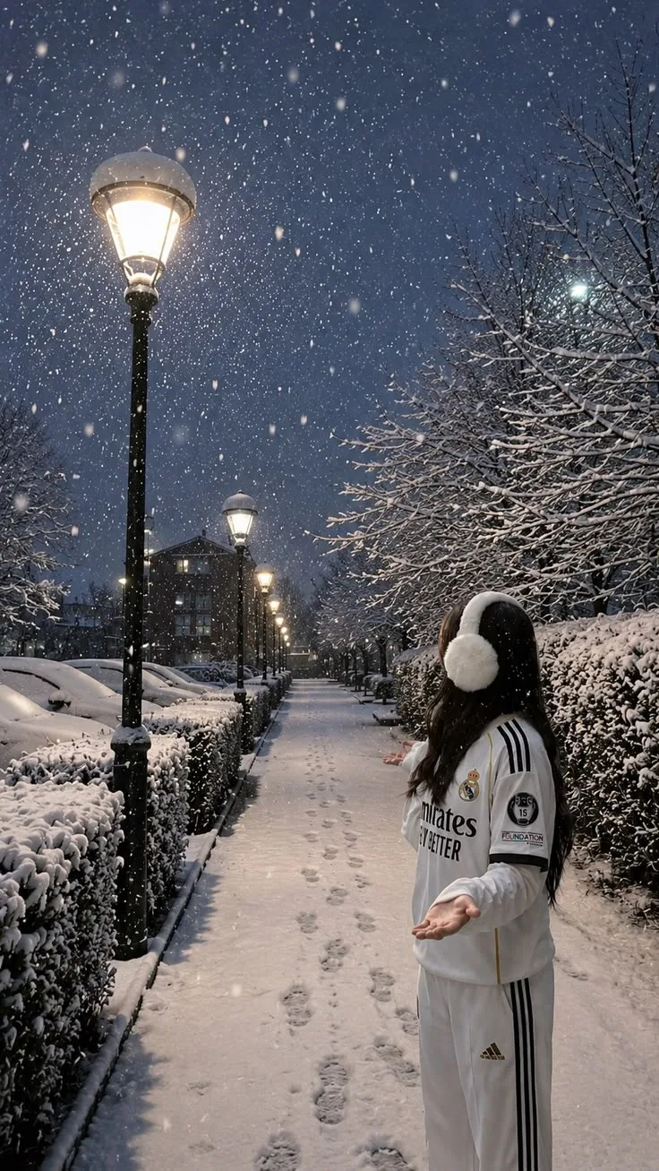 Create an ultra-photorealistic cinematic winter travel photograph of a fictional young adult woman standing on a peaceful snow-covered