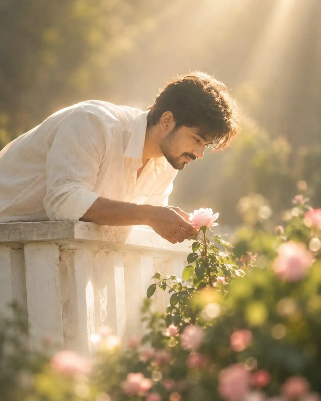Subject & Identity: A young South Asian/Indian man leaning gently over a classic white-painted garden balcony railing, carefully reaching